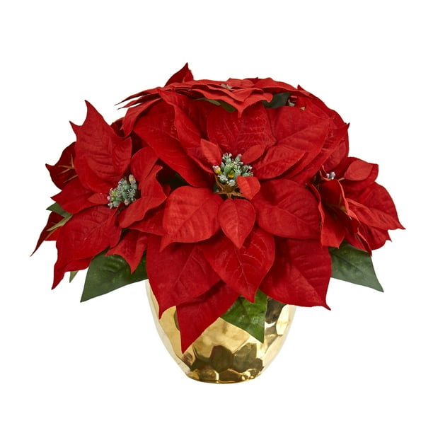 Nearly Natural Poinsettia Artificial Arrangement in Golden Vase