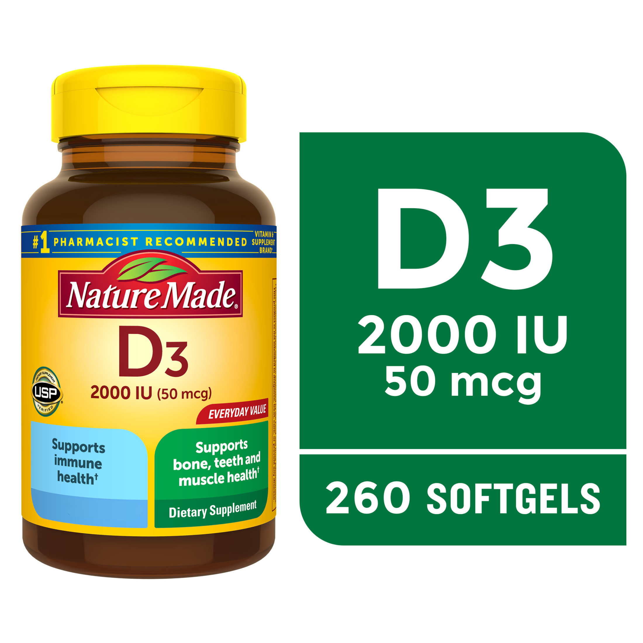 Nature Made Vitamin D3 2000 IU (50 mcg) Softgels, Vitamin D Supplement for Bone and Immune Health Support, 260 Count