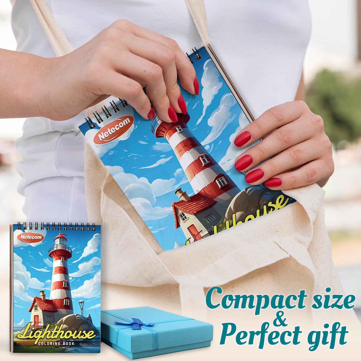 Netecom Lighthouse Coloring Book for Adults, Spiral Bound Edition, A5 Wooden Cover, 30 Serene Coloring Pages of Guiding Light for Stress Relief and Relaxation