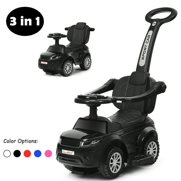 Patiojoy Voiture Pousse-Pousse 3 en 1 pour Enfants, Poussette Voiture Glissante et de Marche avec Klaxon&Musique&Lumière Noir