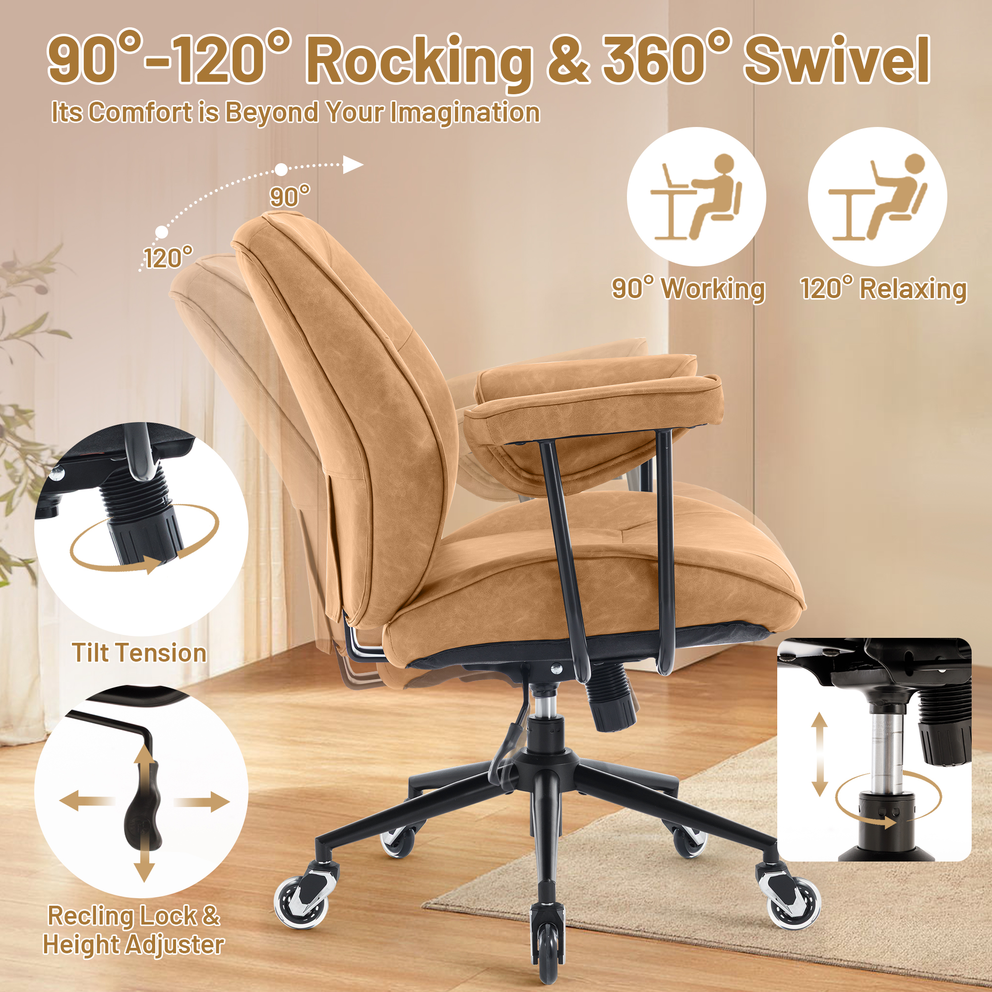 Mid Century Modern Office Desk Chair with Wheels and Arms, Mid Back Ergonomic Office Chair with Lumbar Support, Swivel Leather Computer Desk Chair for All Day Comfort