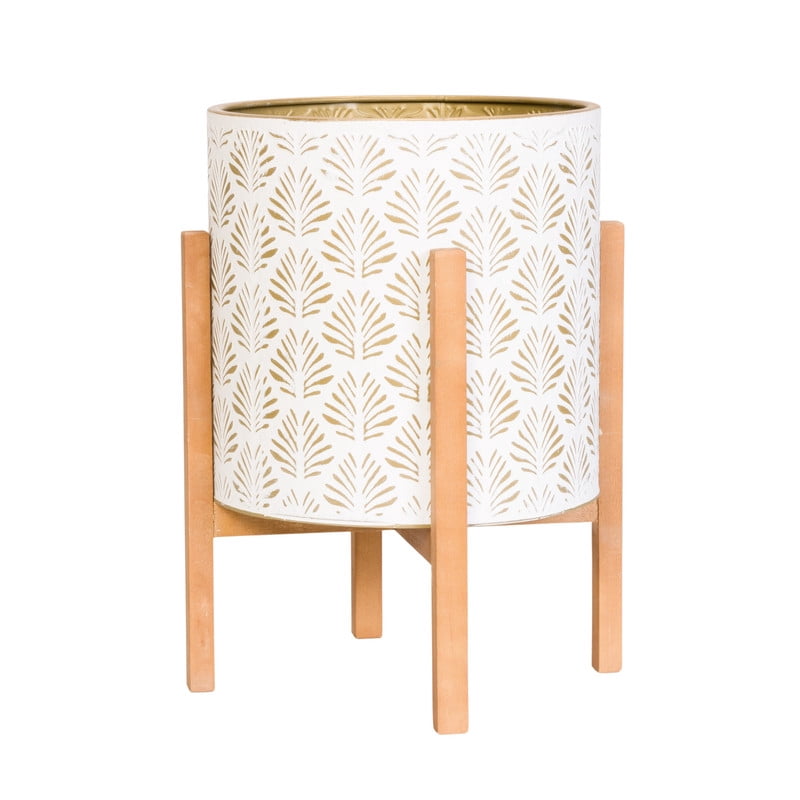 Boho Metal Planter Pot With 4-Leg Wood Base - White & Gold - 18.25"H x 14"W