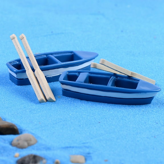 Ludlz Mediterranean Style Fairy Garden Miniature Rowboat Little Blue Wood Boat , Miniature Rowboat 1Pc Boat 2Pcs Oar Miniature Simulated Model Dollhouse Art Bonsai Garden Decor