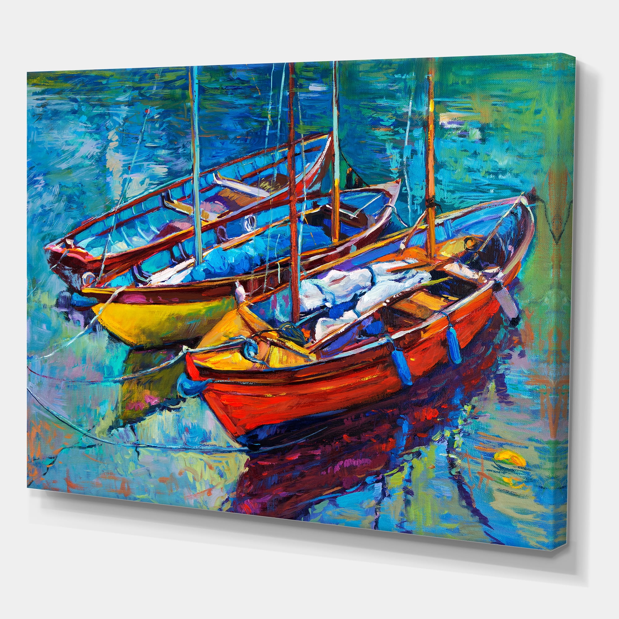 Three Colorful Boats In The Harbor 32 in x 16 in Painting Canvas Art Print, by Designart