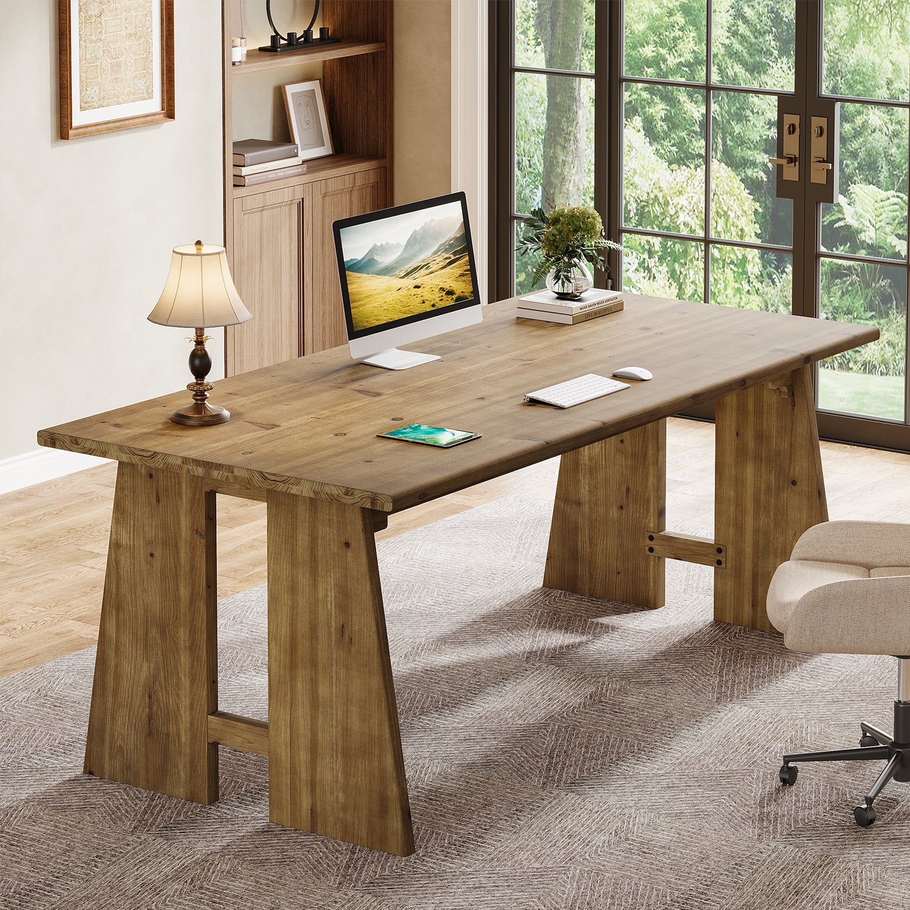 Finmind Solid Wood Executive Desk, 70.9-inch Long Office Computer Desk with Sturdy Legs, Farmhouse Writing Table Large Workstation, Brown
