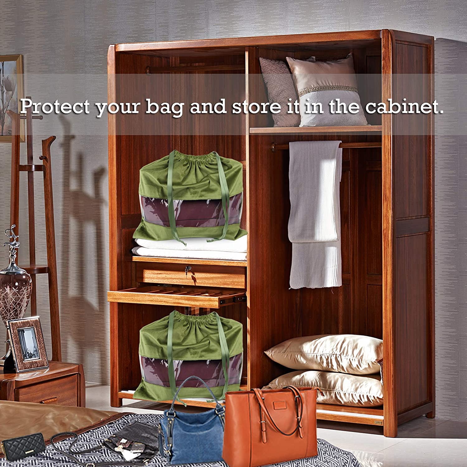 Dust Cover Storage Bags Terylene Flannel Drawstring Pouch with Clear View Window For Handbags Purses Pocketbooks Shoes Boots Set of 2 (21.6 x 19.7 in), Green