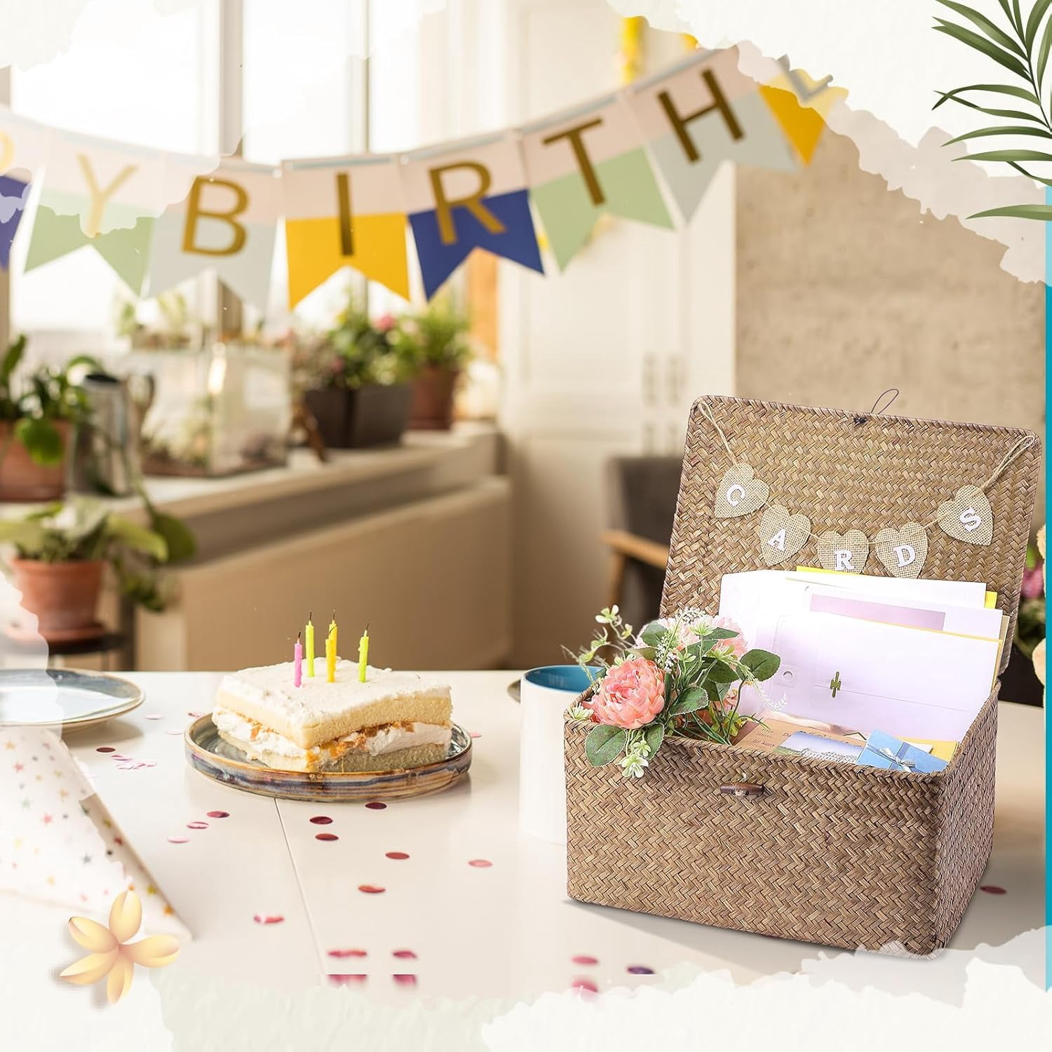 Geelin Sea Grass Wedding Card Basket With Letter Flag Decorative Wedding Card Woven Post Box Suitable For Baby Showers Birthdays Graduation Ceremonies Bridal Showers(Coffee,14 Inch)