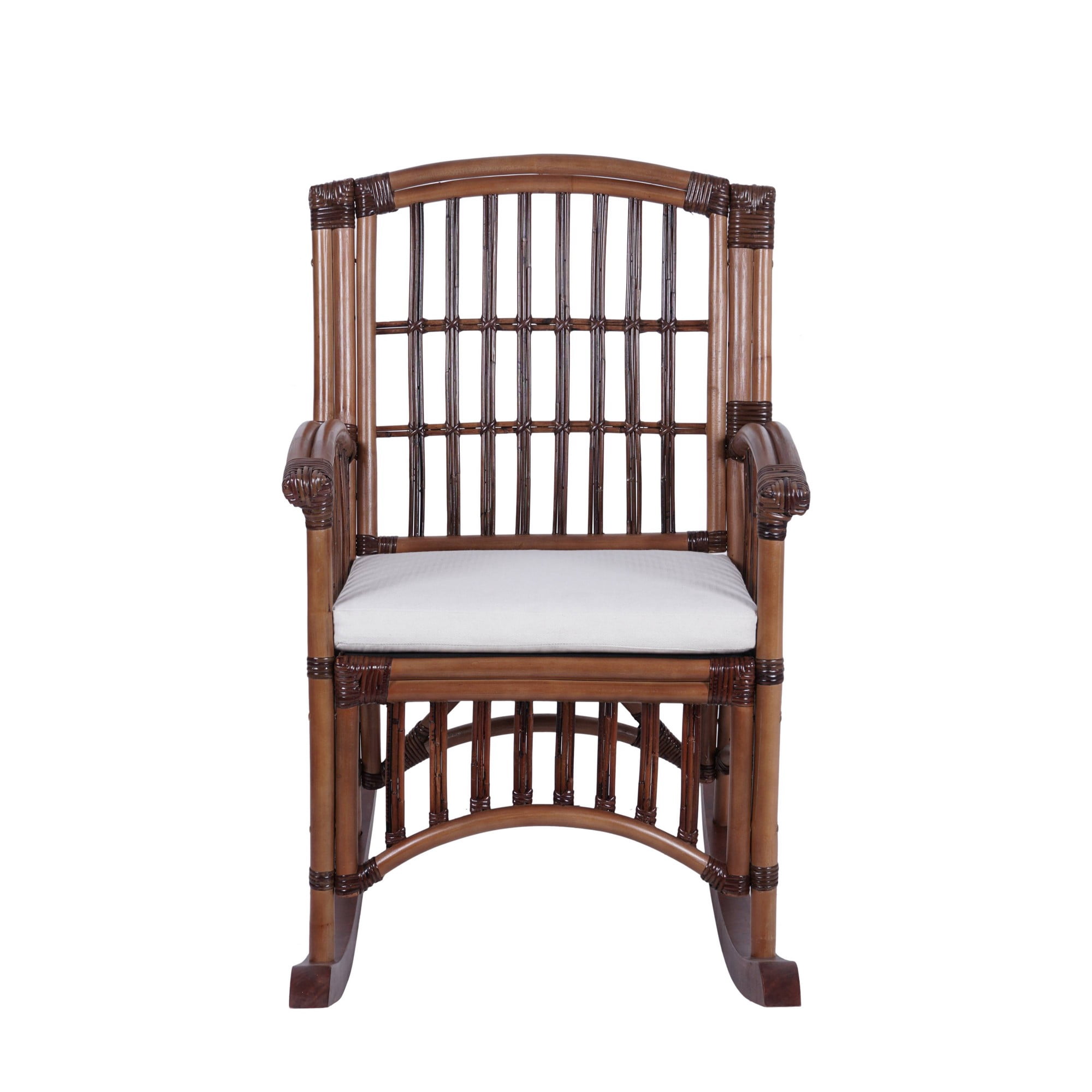 Swayze Bohemian Farmhouse Woven Rattan/Wood Rocking Chair, White Cushion with Brown Frame