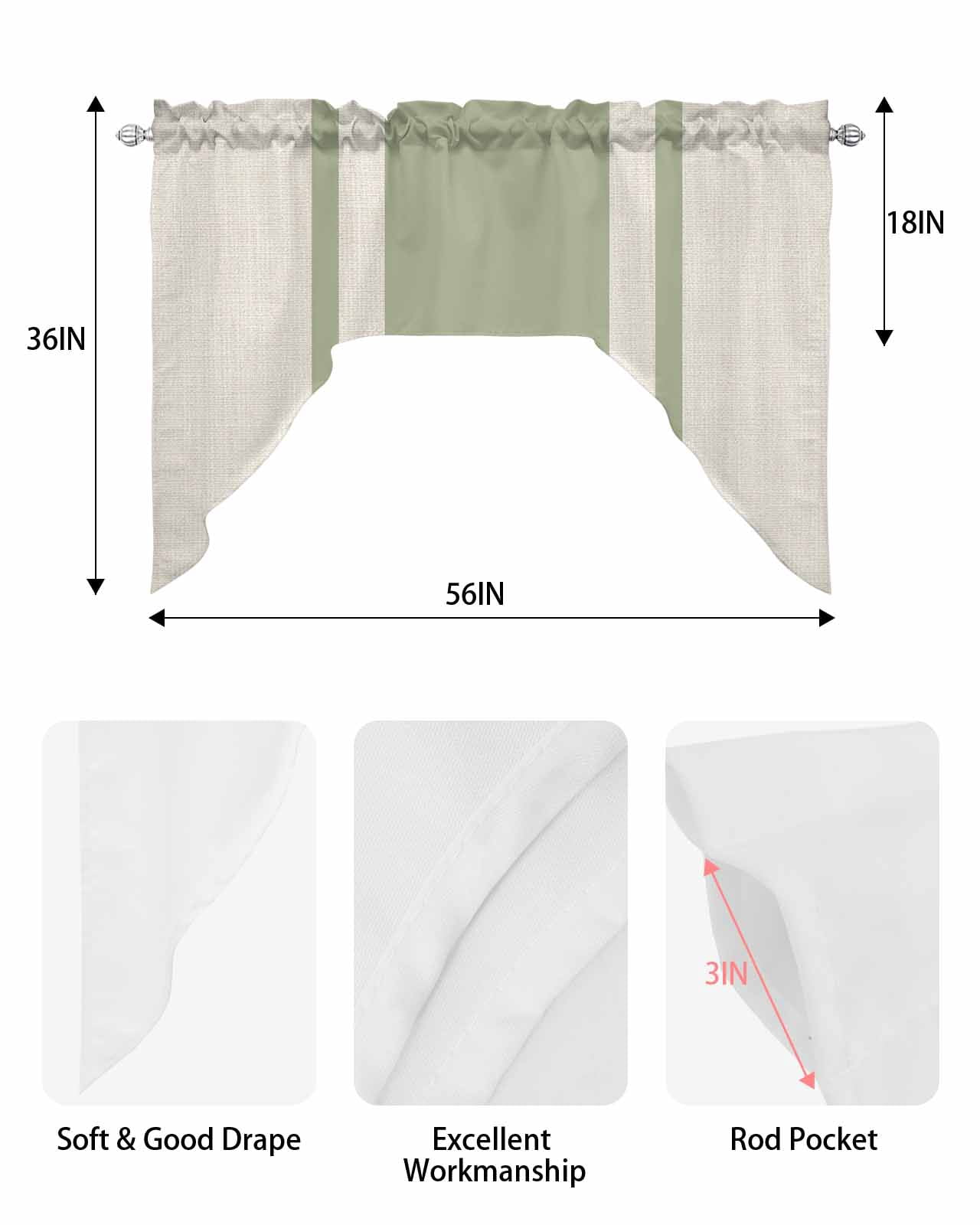 Swag Curtain Valances Sage Green Stripe Lines Swag Valances for Kitchen Windows Linen Striped Window Treatment Curtains Drapes for Kitchen Bedroom Living Room Bathroom Over Sink 56"x36"