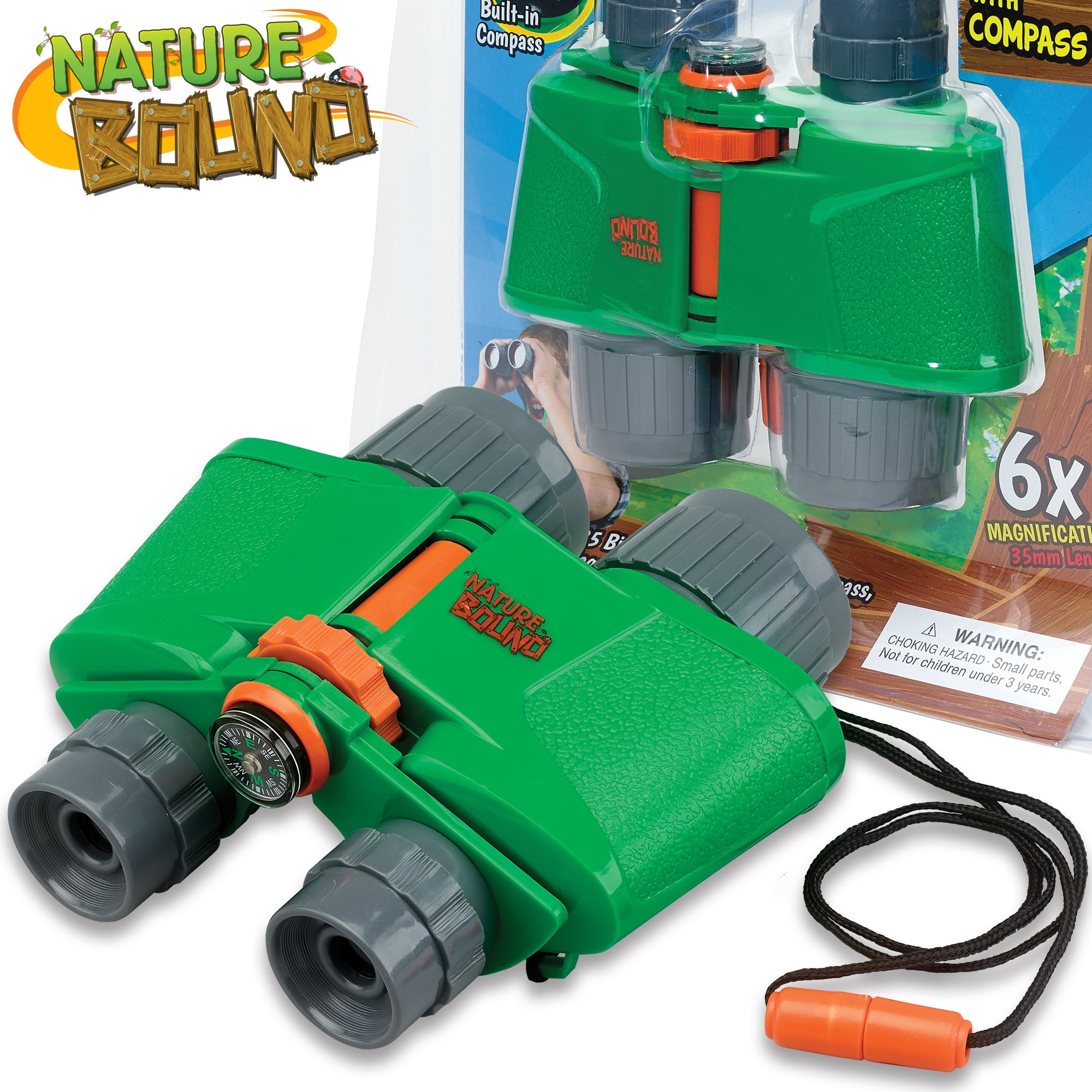 Nature Bound: Binoculars With Built-In Compass - Green - Outdoor Exploration Tool, 6x35 Resolution, 6x Magnification Power, Safety Strap, Toy Kids 3+