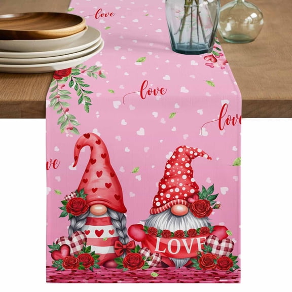 Red Gnomes Table Runner 36 Inches, Valentine's Day Love Roses Leaves Ombre Pink Bed Runner Dresser Scarves Tabletop for Indoor Outdoor Parties/Ceremony/Banquet, 13"x 36"