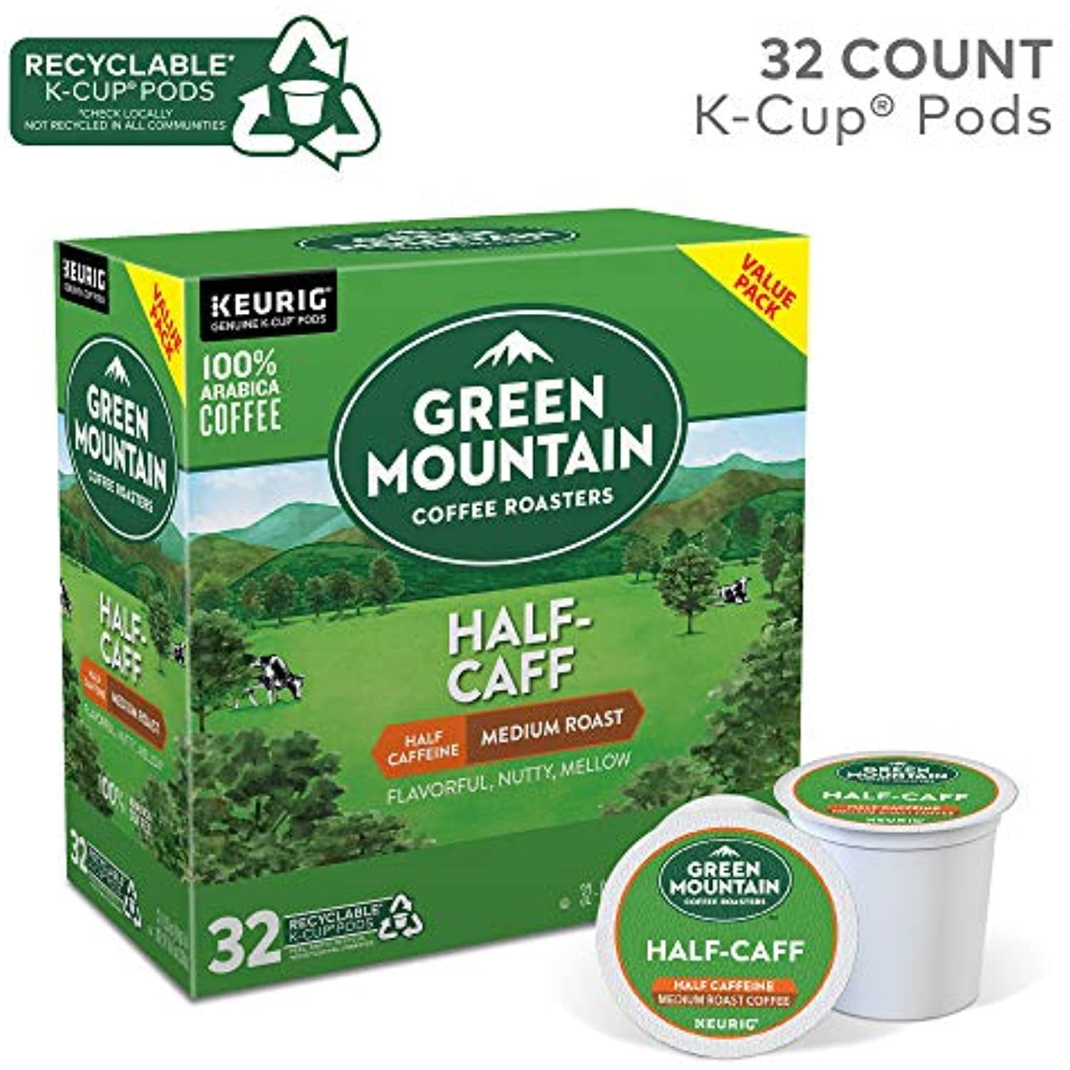 Green Mountain Coffee Roasters Half Caff Keurig Single-Serve K Cup Pods, Medium Roast Coffee, 32Count, Half Caff, 32Count