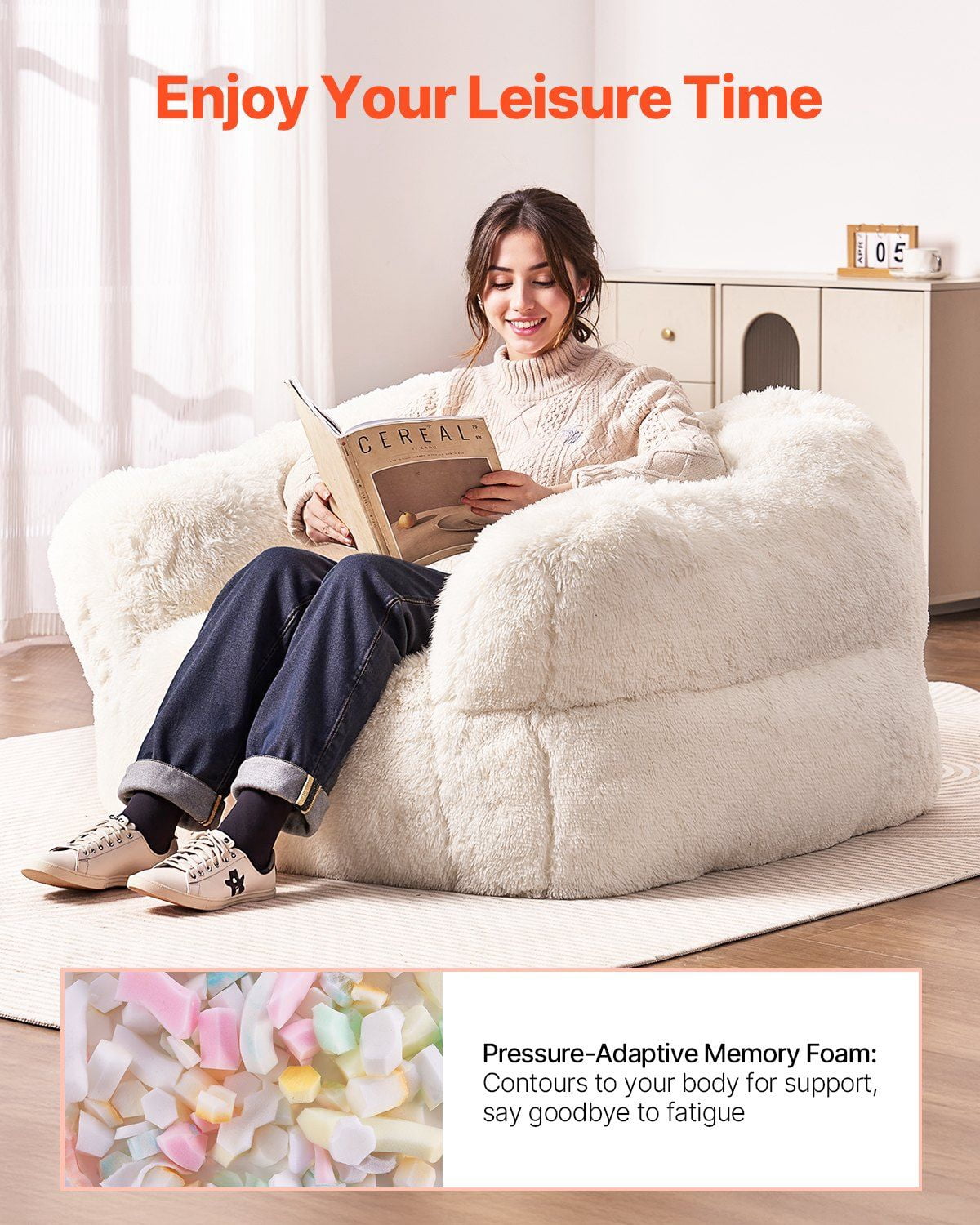 Fluffy Plush Bean Bag Chair with Armrests, High-Density Foam Support, Removable Zippered Cover, Ideal Relaxation Chair for Bedroom, Beige