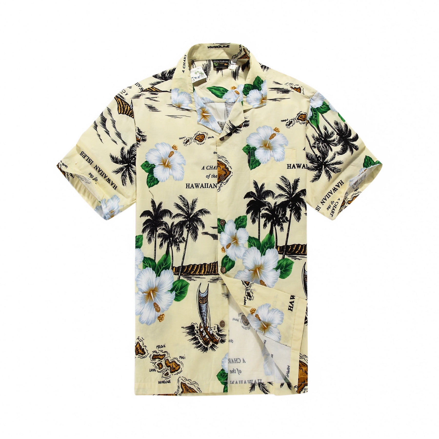 Hawaiian Shirt Aloha Shirt in Tan with Palms and Maps - Walmart.com