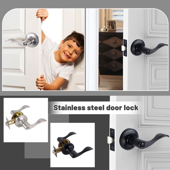 Front Door Handle - Black Stainless Steel Door Lock Handle Set for Bedroom Bathroom Living Room Interior Doors, Bedroom Door Knobs with Lock - Easy Install Black