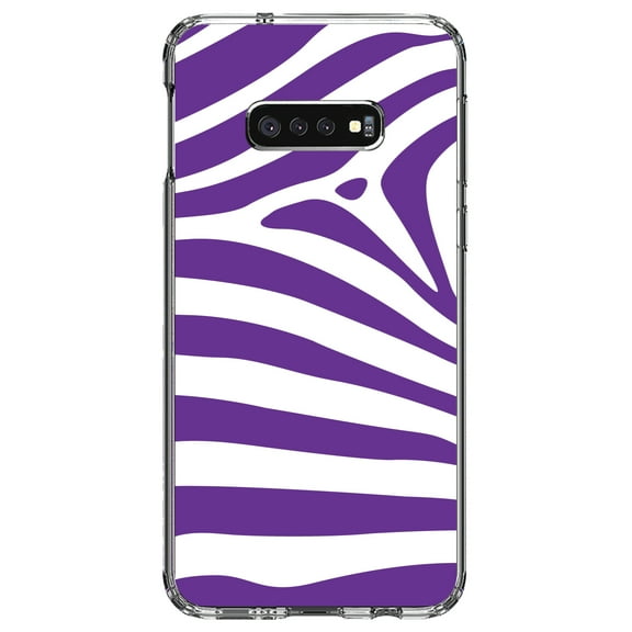 DistinctInk Clear Shockproof Hybrid Case for Samsung Galaxy S10e (5.8" Screen) - TPU Bumper, Acrylic Back, Tempered Glass Screen Protector - Purple & White Zebra Skin Stripes