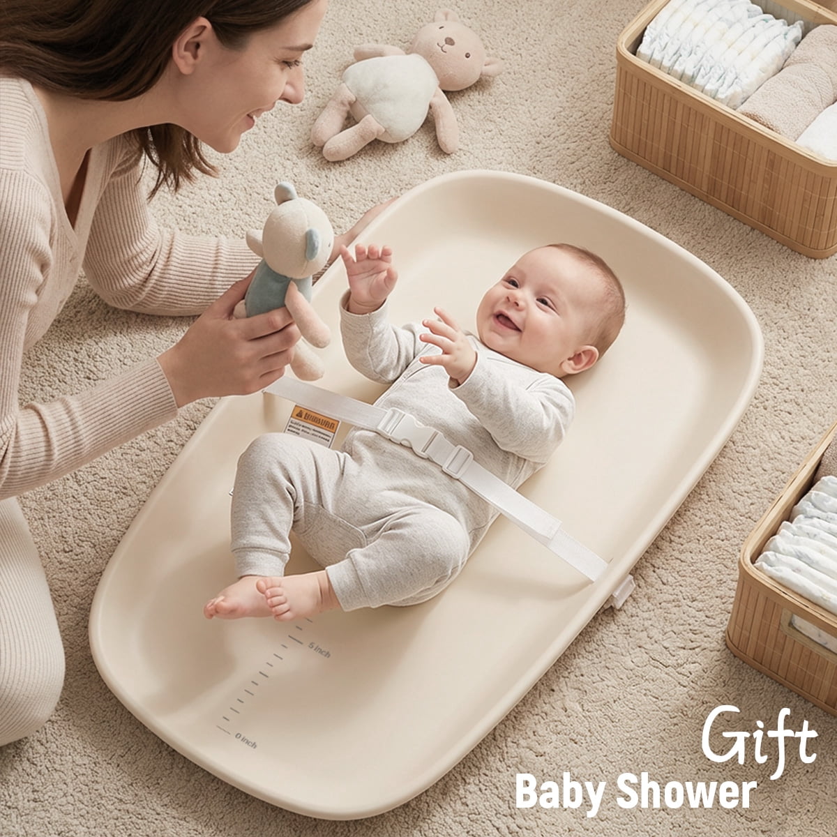 Baby Changing Pad, Caveen Eva Diaper Changing Station, with Height Ruler & Anti Slip Bottom, Waterproof, Beige
