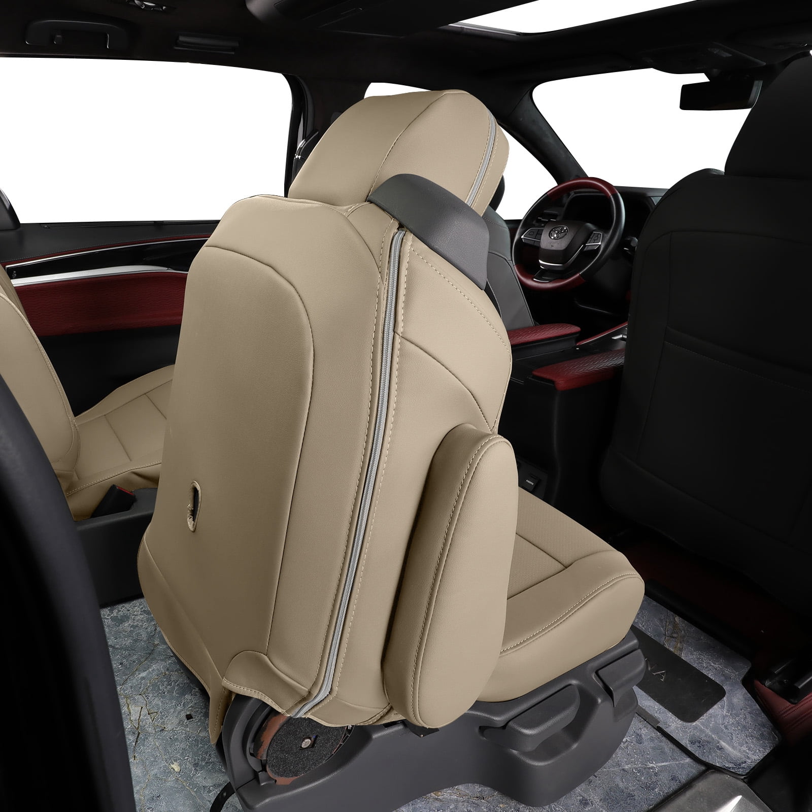 Coverdream Custom Fit Sienna(7 Seat) Car Seat Covers for 2021-2026 Toyota Sienna XLE,XSE,Limited,Platinum 2023-2026 Woodland Edition-Leather Seat Covers(Full Set,Beige)