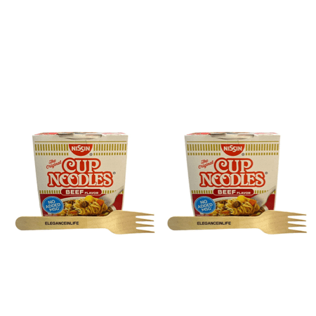 "Nissin Cup Noodles Beef Flavor with Eleganceinlife Wooden Fork - 2.25 oz (64 g) Ramen Noodle Soup for Quick and Easy Meal Anytime, Anywhere!" Pack of 2
