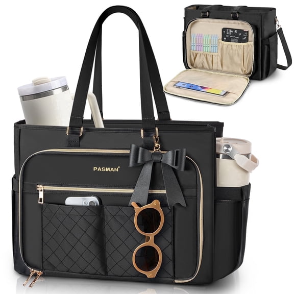 Teacher Tote Bag for Women - Multi-Pocket Laptop & Nurse Work Bag with Cup Holder, Structured Business Briefcase Computer Purse(Black)