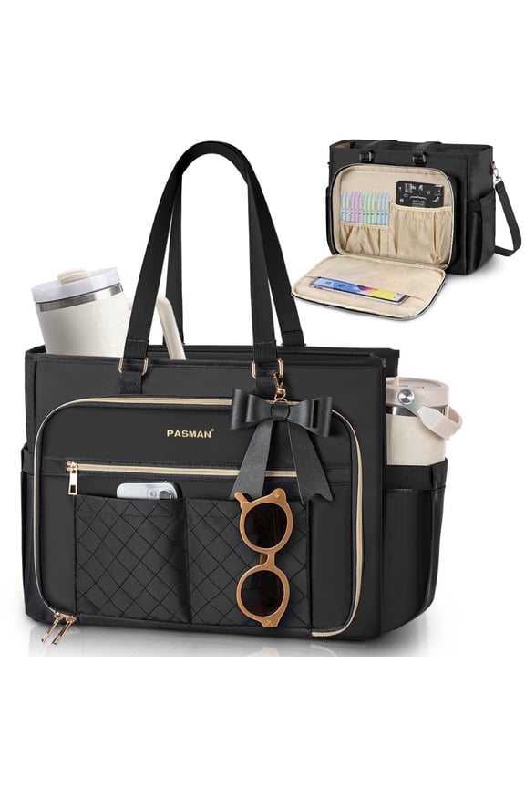 Teacher Tote Bag for Women - Multi-Pocket Laptop & Nurse Work Bag with Cup Holder, Structured Business Briefcase Computer PurseBlack
