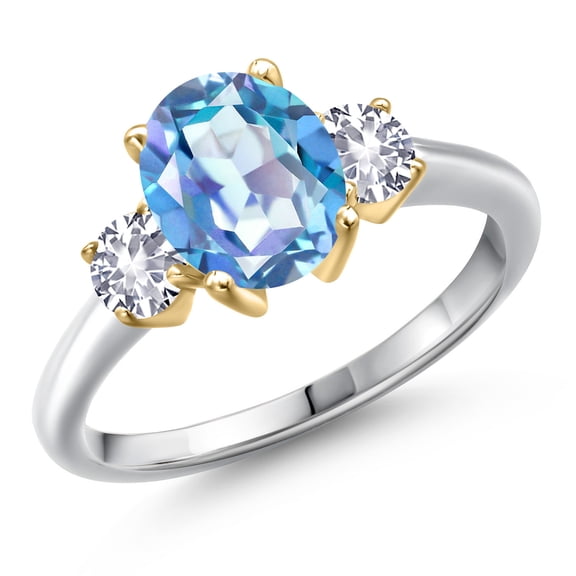 Gem Stone King 10K Two Tone Gold Millennium Blue Mystic Quartz and White Created Sapphire Engagement Ring for Women | 2.30 Cttw | Oval 9X7MM | Gemstone Birthstone | Size 9