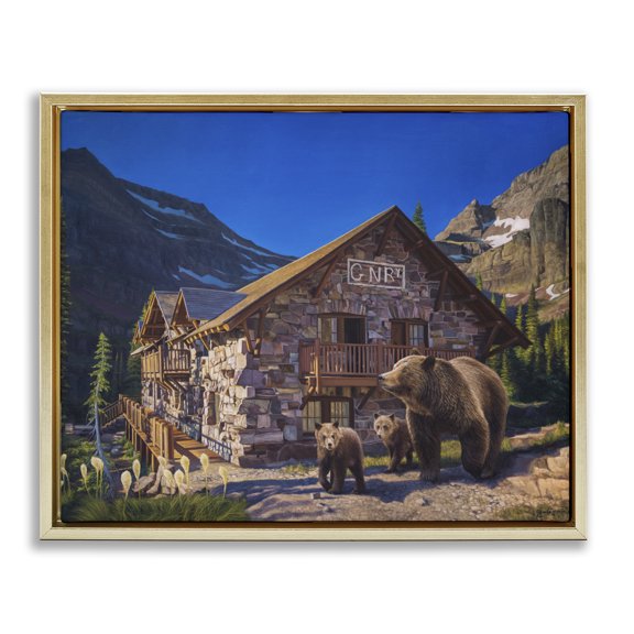 Stupell Industries Farmhouse Bears & Lodge Scenery Gold Floating Frame Canvas Art, 31 x 25, by James Corwin