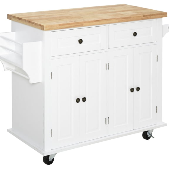 Rolling Kitchen Island, White, With Storage Drawers, Towel Bar, And Rubberwood Counter - Functional Unit Island Cart, Strong Construction, Countertop, Spice Rack, Rack Drawers
