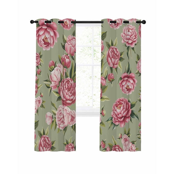 Vintage Pink Flower Blackout Curtains for Bedroom Living Room, Pastoral Leaf Green Background Farm 84 In Long Thermal Insulated Room Darkening Drapes Grommet Window Treatments, 52 x 84 In
