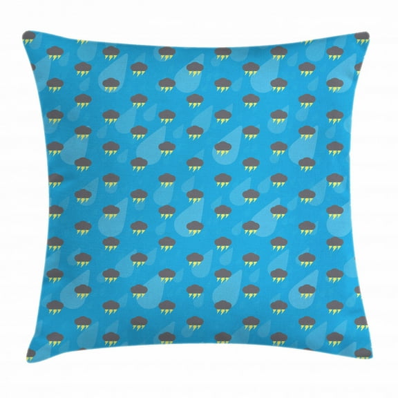 Rain Throw Pillow Cushion Cover, Pattern with Dark Storm Clouds Thunderbolt and Raindrops on Blue Background, Decorative Square Accent Pillow Case, 16 X 16 Inches, Blue Grey and Yellow, by Ambesonne