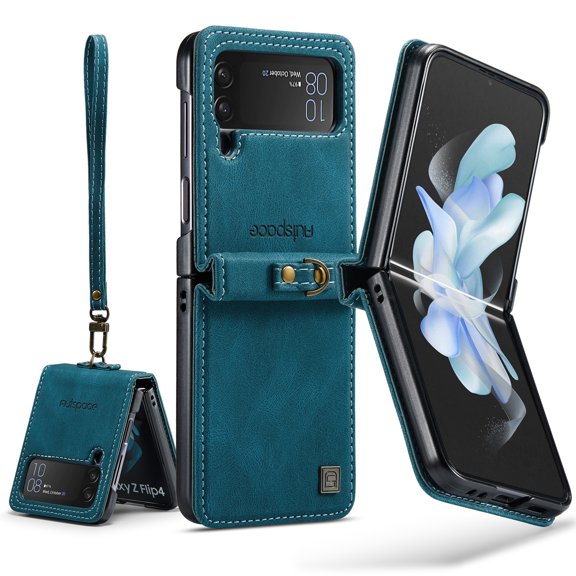 Compatible with Samsung Galaxy Z Flip 4 with Strap Lanyard PU Leather Shockproof Kickstand Case for Women Girls-Blue