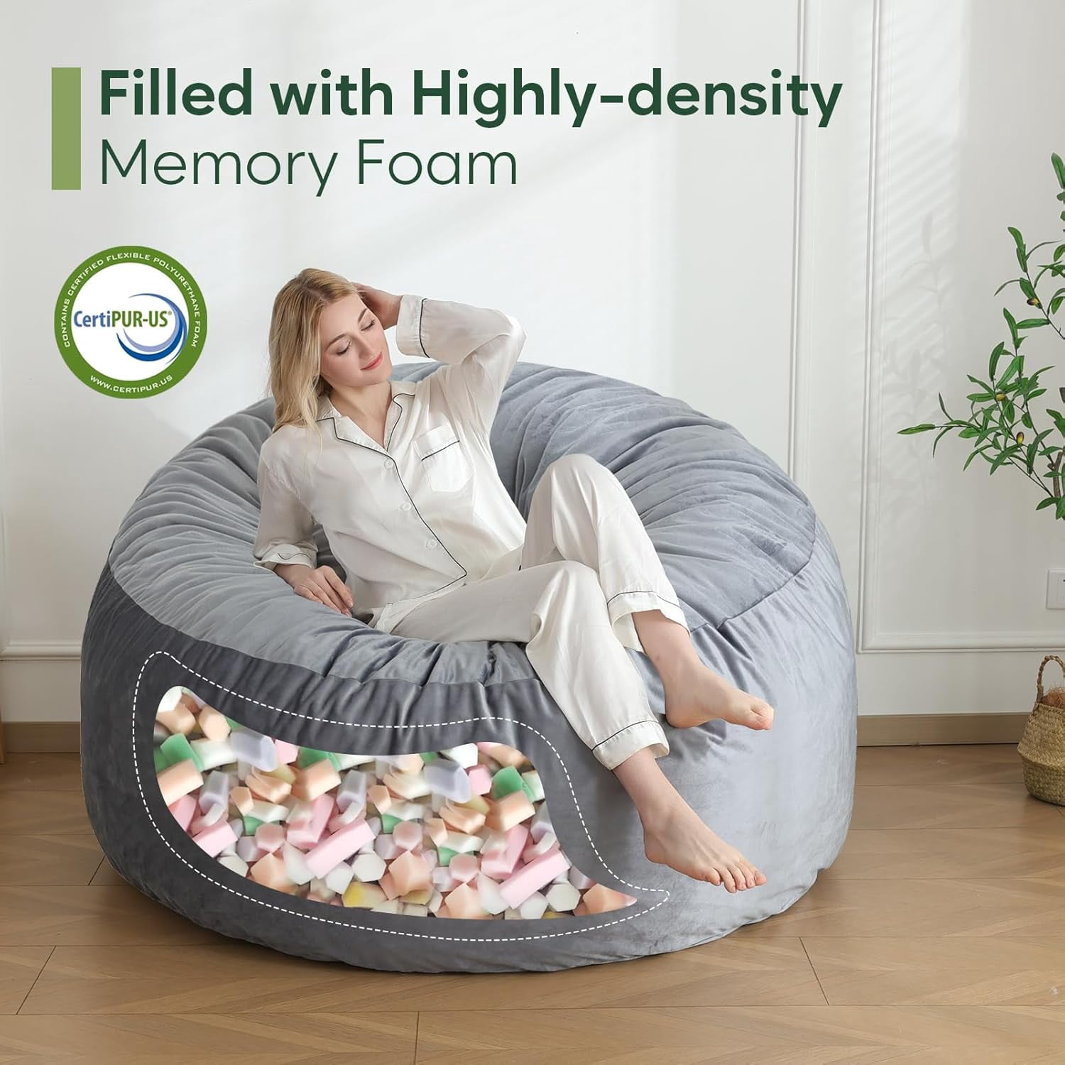3 Ft Bean Bag Chair, Memory Foam Bean Bag Chairs for Adults with Filling, Round Bean Bag Sofa with Filler Included, Beanbags with Soft Dutch Velvet Fabric,3 Foot,Beige