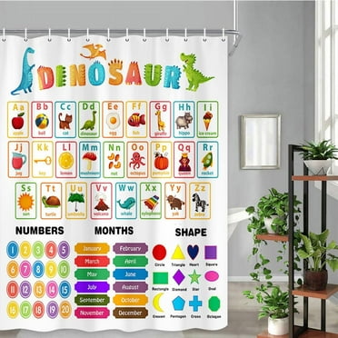 Funny Kids Shower Curtain, Cartoon Animal Alphabet ABC Learning Dinosaur Boys Kids Bath Curtain, Students Baby Educational Children Colorful Cloth Fabric Bathroom Accessories Decor with Hooks, 72X72in