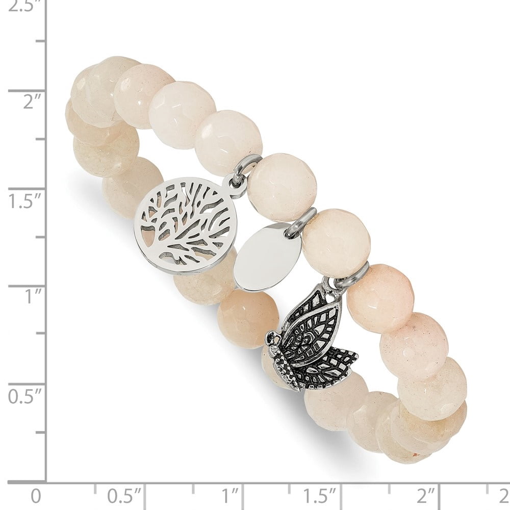 Diamond2Deal Stainless Steel Butterfly and Tree of Life 8mm White Jade Beaded Stretch Bracelet for Women 6.25"