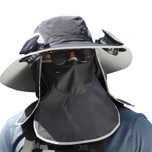 Men Sun Hat with 2 Solar Fan Fishing Hats Wide Brim For Summer ^ Camping