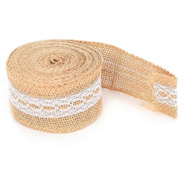 Burlap Ribbon with White Lace Natural Jute Roll for DIY Decoration Gift Packaging 5 Yards5cm Hole Lace