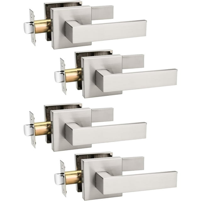 Brushed Nickel Door Handle Interior Privacy Door Lock Bed and Bath Door Lock with Square Rose Modern Keyless Door Lock Handle Reversible for Left & Right