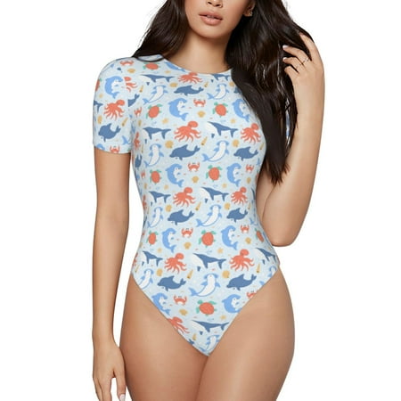 Uemuo Ocean animals Pattern Women s One Piece Short Sleeve Swimsuit Rash Guard Surfing Modest Quick-drying Swimsuit Beach Essentials-XX-Large