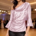thumbnail image 2 of SYMOID Womens Metallic One Shoulder Top | Ruched Bell Sleeve Blouse for Party & Night Out, Slim Fit Pink Holiday & Cocktail Wear,Size M, 2 of 7