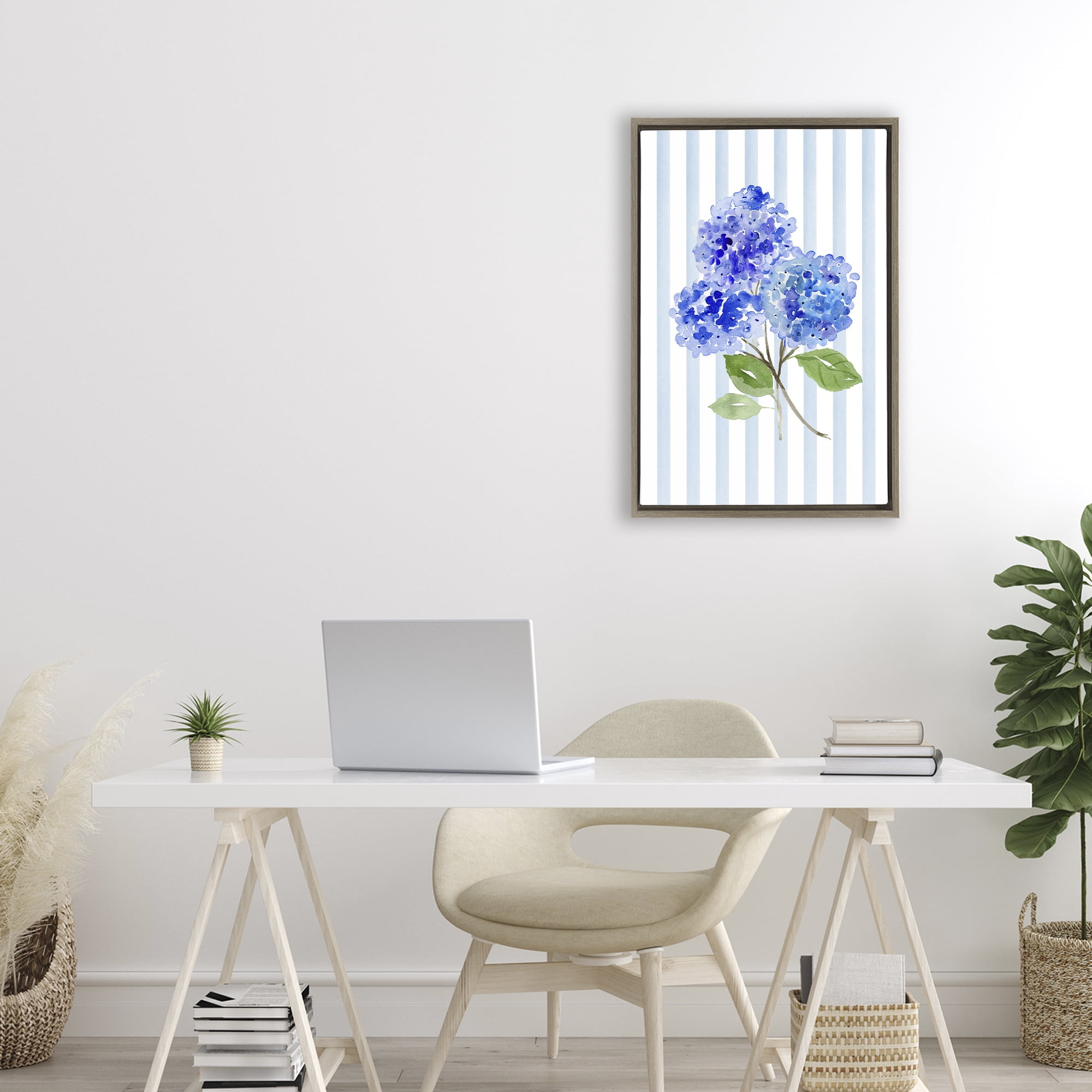 Stupell Industries Blue Hydrangeas over Stripes Brown Framed Floater Canvas Wall Art, design by Corinne Haig