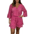 thumbnail image 2 of sunsanly 2 Pcs/Set Women Top Shorts Set Hollow Out Lace Flower Embroidery V Neck Drawstring Three Quarter Sleeves Elastic High Waist Loose Dating Commute Blouse Shorts Suit, 2 of 8