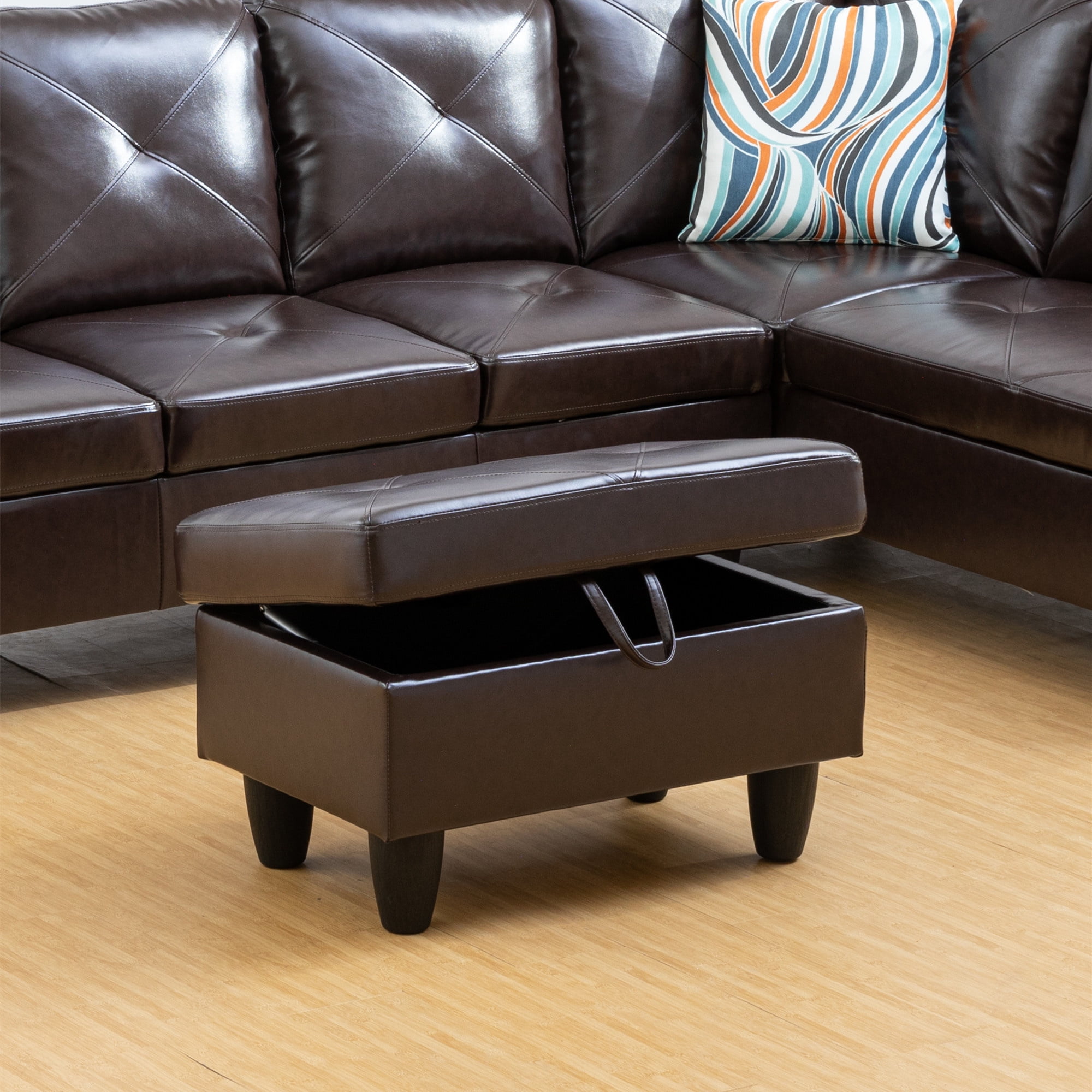 Aukfa 29" Storage Ottoman Bench for Sectional Sofa for Home Office, Lift Top , Leather, Brown