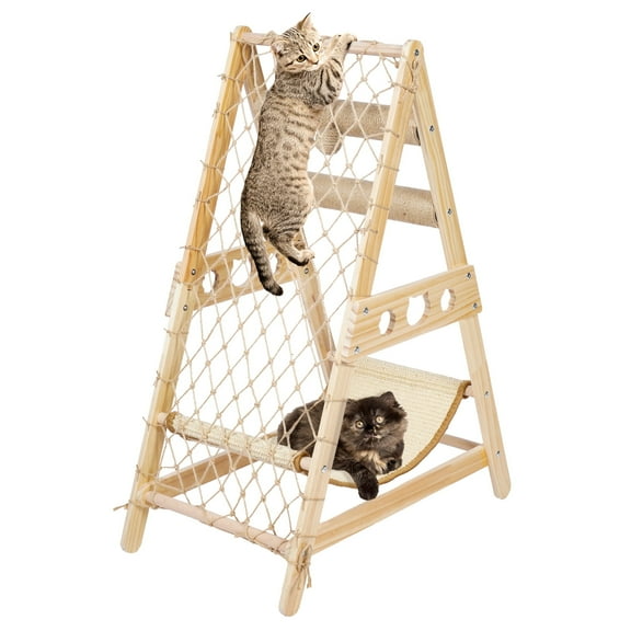 Qunbio Cat Hammock, Solid Wood Cat Climbing Tree Cat Tower with Scratching Post & Climbing Web & Sisal Ball