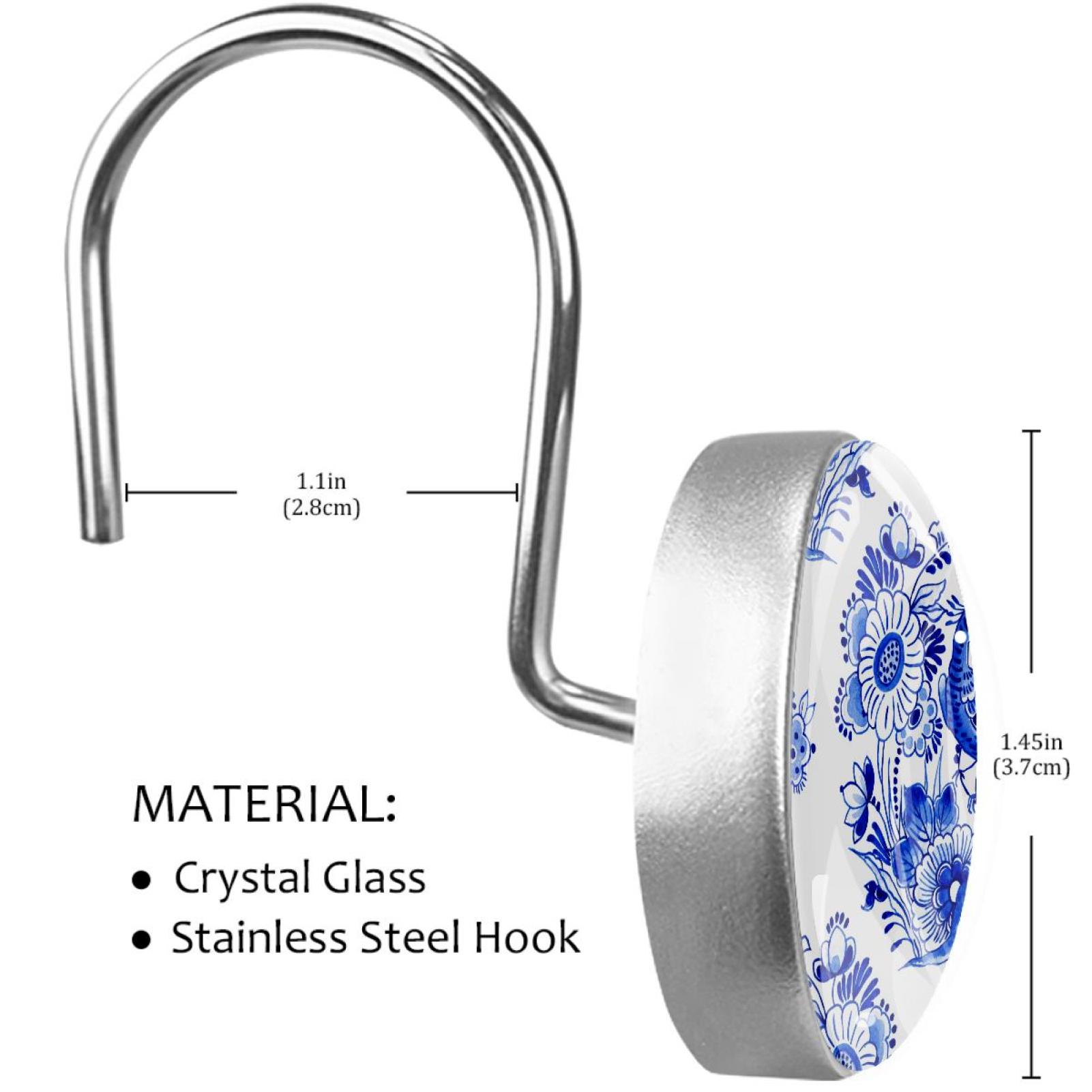 Blue Flower and Bird Shower Curtain Hooks（Set of 12）for Home Hotel Shower Rods Bathroom Crystal Glass Print Stainless Steel Round Curtain Hooks