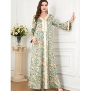 OBEEII Muslim Abaya Dress for Women Elegant Floral Islamic Dubai Long Sleeve Kaftan Maxi Dress Eid Party Loose Fit Muslim Prayer Dresses