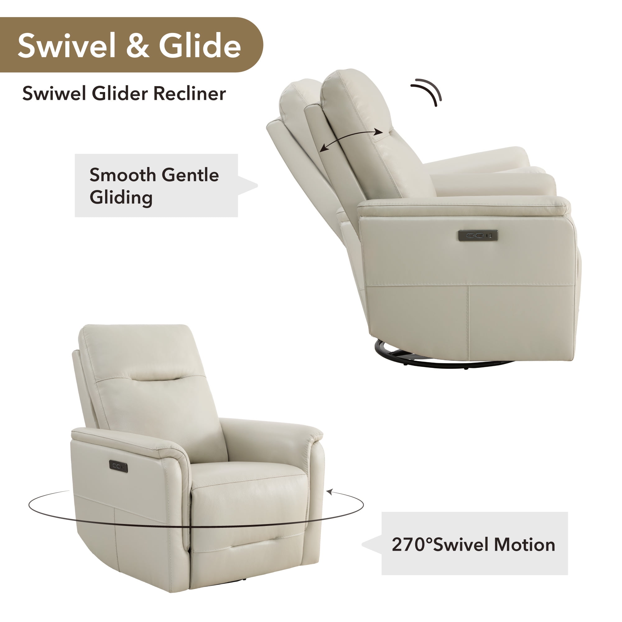 Spruce & Spring Genuine Leather Dual Motor Swivel Glider Recliner Chair, Light Grey