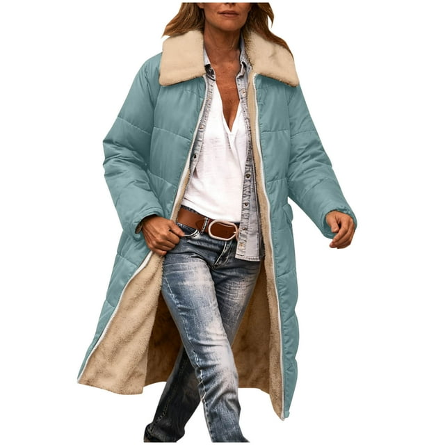 WRKEKC Coats for Women Winter Solid Color Loose Pocket Zip-Up Reversible Long Length Collared Cotton Coat Womens Reversible Cotton Coat for Winter Versatility