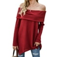 thumbnail image 4 of Women Off Shoulder Long Sleeve Irregular Hem Solid Color Ribbed Sweatshirt, 4 of 7