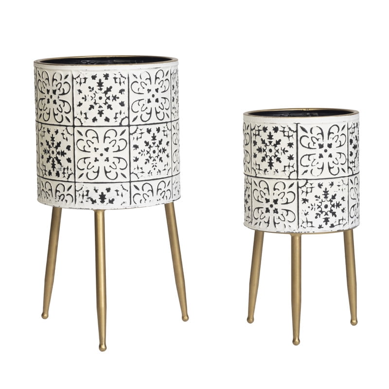 2-Piece Modern Metal Planter Pot With 3-Leg Gold Metal Base - White & Black - 20"H x 10.5"W / 15.75"H x 8.5"W