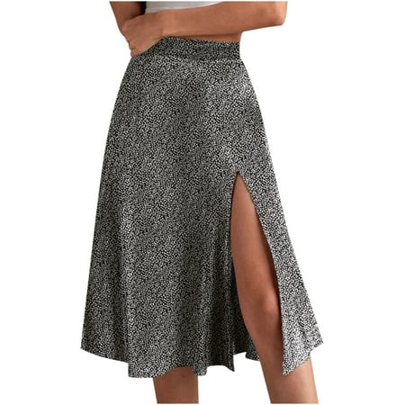 

Charella Fashion Women Printed Skirt Strap Ladies Floral Skirts Zipper Irregular Slit Skirts Gray XXL